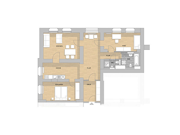 Bild der Mietwohnung 3-Zimmer-Wohnung reizvoll um die Ecke gebaut