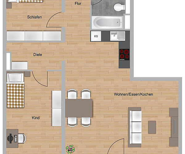 Grundriss einer 3-Zimmer-Wohnung