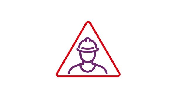 Icon Baustelle – ein rotes Dreieck mit einem stilisierten Bauarbeiter in der Mitte